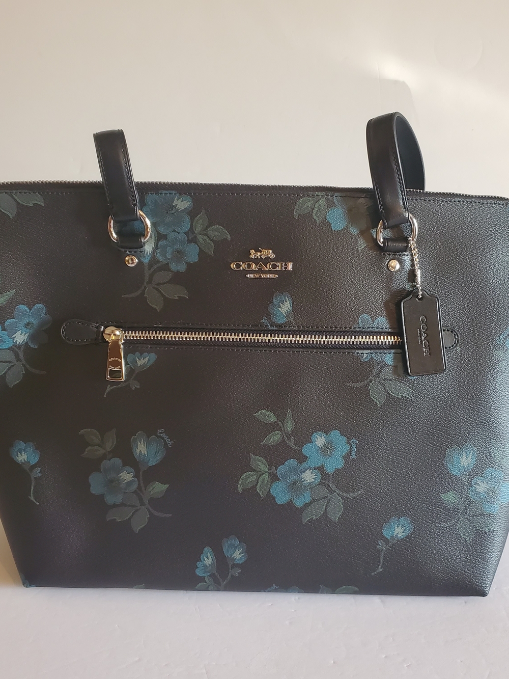 NEW Patent Leather Coach Victorian Floral Print Gallery Tote - Black With Blue